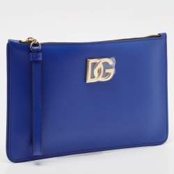 Pre Owned Dolce & Gabbana Blue Leather DG Millennials Wristlet Clutch