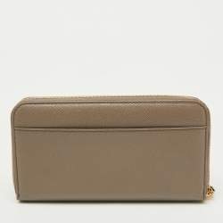 Pre Owned Dolce & Gabbana Taupe Leather Zip Around Wallet
