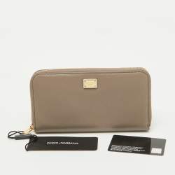 Pre Owned Dolce & Gabbana Taupe Leather Zip Around Wallet