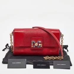 Pre Owned Dolce & Gabbana Red Lizard Embossed Leather DG Amore Chain Shoulder Bag