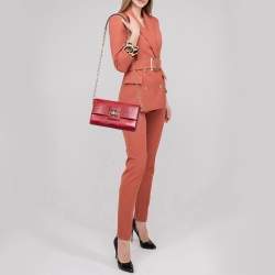 Pre Owned Dolce & Gabbana Red Lizard Embossed Leather DG Amore Chain Shoulder Bag