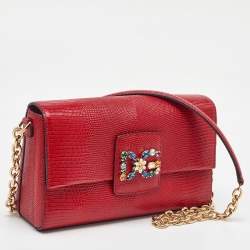 Pre Owned Dolce & Gabbana Red Lizard Embossed Leather DG Amore Chain Shoulder Bag