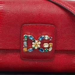 Pre Owned Dolce & Gabbana Red Lizard Embossed Leather DG Amore Chain Shoulder Bag