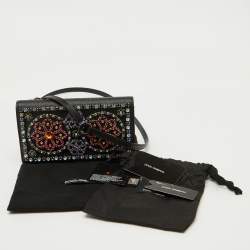 Dolce & Gabbana Black Leather Crystal Embellished Flap Crossbody Bag