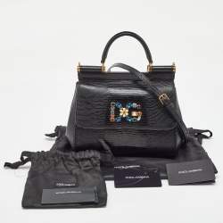 Pre Owned Dolce & Gabbana Black Iguana Embossed Leather Small Crystals DG Miss Sicily Bag