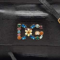 Pre Owned Dolce & Gabbana Black Iguana Embossed Leather Small Crystals DG Miss Sicily Bag