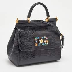 Pre Owned Dolce & Gabbana Black Iguana Embossed Leather Small Crystals DG Miss Sicily Bag