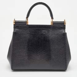Pre Owned Dolce & Gabbana Black Iguana Embossed Leather Small Crystals DG Miss Sicily Bag