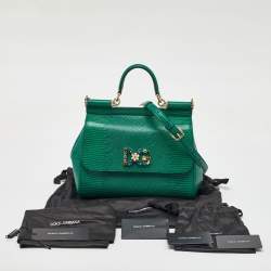 Dolce & Gabbana Green Iguana Embossed Leather Crystal DG Logo Medium Miss Sicily Bag