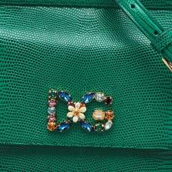 Dolce & Gabbana Green Iguana Embossed Leather Crystal DG Logo Medium Miss Sicily Bag