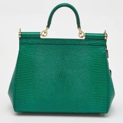 Dolce & Gabbana Green Iguana Embossed Leather Crystal DG Logo Medium Miss Sicily Bag