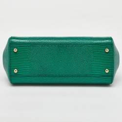 Dolce & Gabbana Green Iguana Embossed Leather Crystal DG Logo Medium Miss Sicily Bag