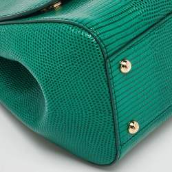 Dolce & Gabbana Green Iguana Embossed Leather Crystal DG Logo Medium Miss Sicily Bag