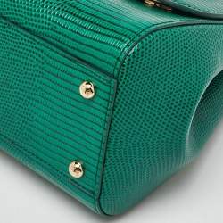 Dolce & Gabbana Green Iguana Embossed Leather Crystal DG Logo Medium Miss Sicily Bag