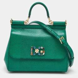 Dolce & Gabbana Green Iguana Embossed Leather Crystal DG Logo Medium Miss Sicily Bag