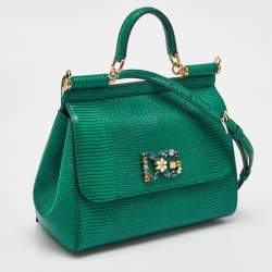 Dolce & Gabbana Green Iguana Embossed Leather Crystal DG Logo Medium Miss Sicily Bag