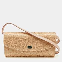 Pre Owned Dolce & Gabbana Beige Lace and Satin Sicily Flap Clutch