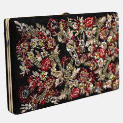 Pre Owned Dolce & Gabbana Floral Gold Frame Multicolor Fabric Clutch Evening Purse Bag