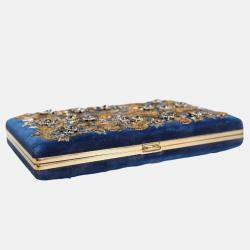 Pre Owned Dolce & Gabbana Gold Frame Blue Velvet Clutch Evening Purse Bag