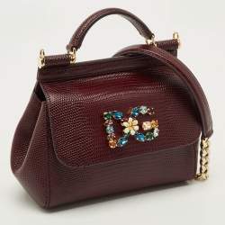 مملوكة مسبقًا Dolce & Gabbana Miss Sicily Crystal DG Logo Mini Burgundy Lizard Embossed Leather Bag