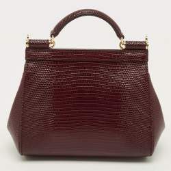 مملوكة مسبقًا Dolce & Gabbana Miss Sicily Crystal DG Logo Mini Burgundy Lizard Embossed Leather Bag