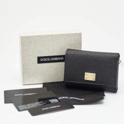 Pre Owned Dolce & Gabbana Logo Plaque Black Leather Trifold Wallet