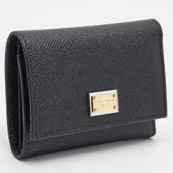Pre Owned Dolce & Gabbana Logo Plaque Black Leather Trifold Wallet