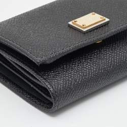 Pre Owned Dolce & Gabbana Logo Plaque Black Leather Trifold Wallet