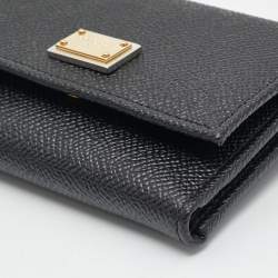 Pre Owned Dolce & Gabbana Logo Plaque Black Leather Trifold Wallet