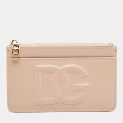 Pre Owned Dolce & Gabbana DG Logo Beige Leather Zip Card Holder