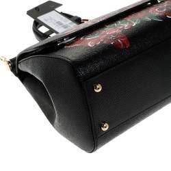 مملوكة مسبقًا حقيبة دولتشي أند غابانا ميس سيسيلي متوسطة يد علوية جلد مطبوع مورد أسود