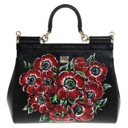 مملوكة مسبقًا حقيبة دولتشي أند غابانا ميس سيسيلي متوسطة يد علوية جلد مطبوع مورد أسود