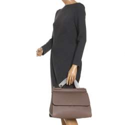 Pre Owned Dolce & Gabbana Dark Beige Leather Large Miss Sicily Top Handle Bag