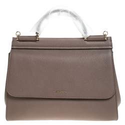 Pre Owned Dolce & Gabbana Dark Beige Leather Large Miss Sicily Top Handle Bag