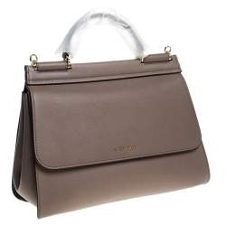 Pre Owned Dolce & Gabbana Dark Beige Leather Large Miss Sicily Top Handle Bag
