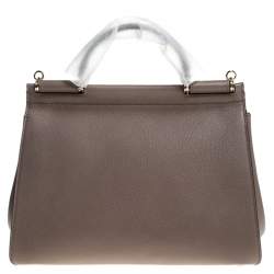 Pre Owned Dolce & Gabbana Dark Beige Leather Large Miss Sicily Top Handle Bag