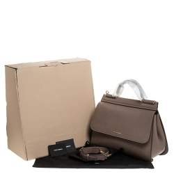 Pre Owned Dolce & Gabbana Dark Beige Leather Large Miss Sicily Top Handle Bag