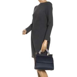 Pre Owned Dolce & Gabbana Navy Blue Leather Sicily 58 Top Handle Bag