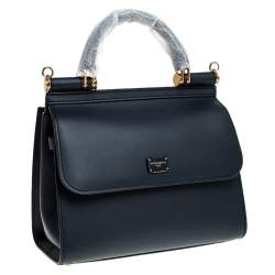 Pre Owned Dolce & Gabbana Navy Blue Leather Sicily 58 Top Handle Bag
