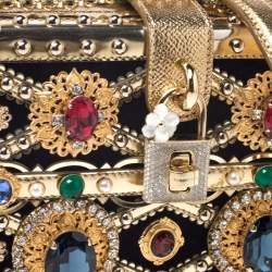 Pre Owned Dolce and Gabbana Metallic Gold Crystal Embellished Leather and Velvet Box Pad lock Shoulder Bag 
