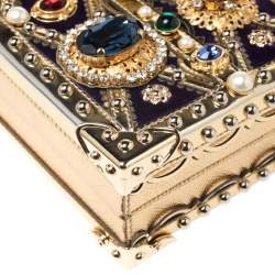 Pre Owned Dolce and Gabbana Metallic Gold Crystal Embellished Leather and Velvet Box Pad lock Shoulder Bag 
