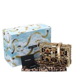 Pre Owned Dolce and Gabbana Metallic Gold Crystal Embellished Leather and Velvet Box Pad lock Shoulder Bag 