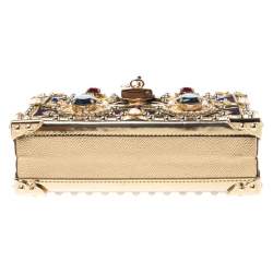 Pre Owned Dolce and Gabbana Metallic Gold Crystal Embellished Leather and Velvet Box Pad lock Shoulder Bag 