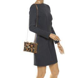 Pre Owned Dolce and Gabbana Metallic Gold Crystal Embellished Leather and Velvet Box Pad lock Shoulder Bag 