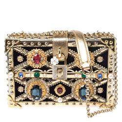 Pre Owned Dolce and Gabbana Metallic Gold Crystal Embellished Leather and Velvet Box Pad lock Shoulder Bag 