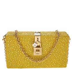 Pre Owned حقيبة دولتشي أند غابانا صندوقية ساتان مزخرفة كريستال ذهبية / صفراء