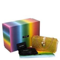 Pre Owned حقيبة دولتشي أند غابانا صندوقية ساتان مزخرفة كريستال ذهبية / صفراء