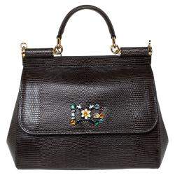 Pre Owned Dolce & Gabbana Brown Iguana Embossed Leather Crystal DG Logo Medium Miss Sicily Bag