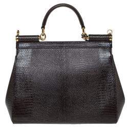 Pre Owned Dolce & Gabbana Brown Iguana Embossed Leather Crystal DG Logo Medium Miss Sicily Bag