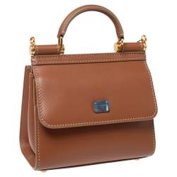 Pre Owned Dolce & Gabbana Tan Leather Micro Sicily 58 Top Handle Bag